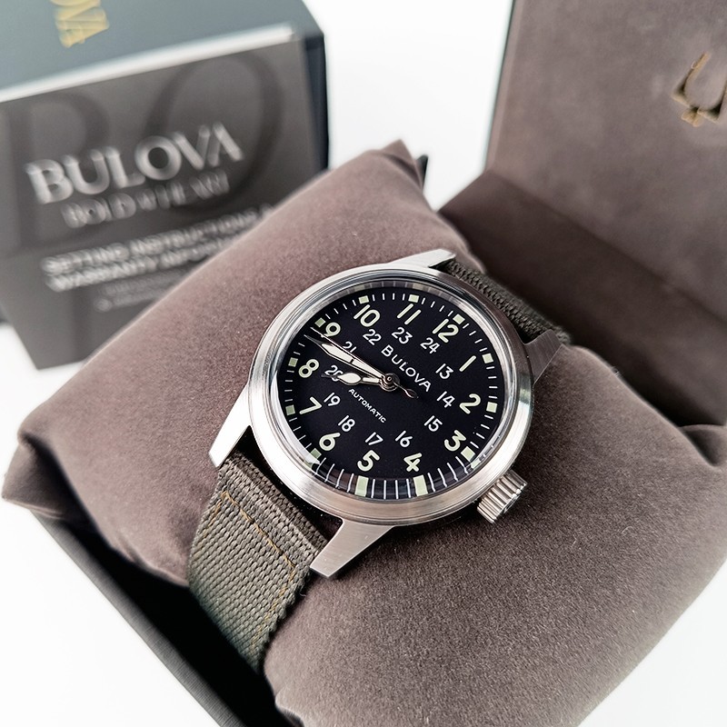 Bulova VWI Special Black Dial Green Nylon 96A259 Men Automatic Watch 39mm
