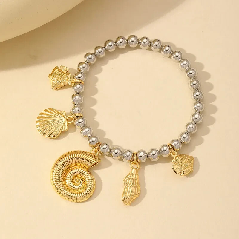 18K Gold Plated Copper Seashell and Fish Charm Bracelet