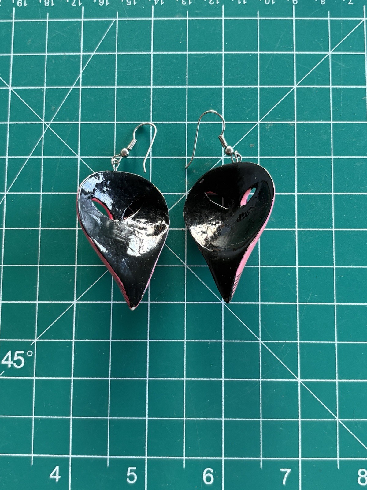 Pink & Black Plastic Asymmetrical Mask Face Dangle Earrings Hook Closure Lobe
