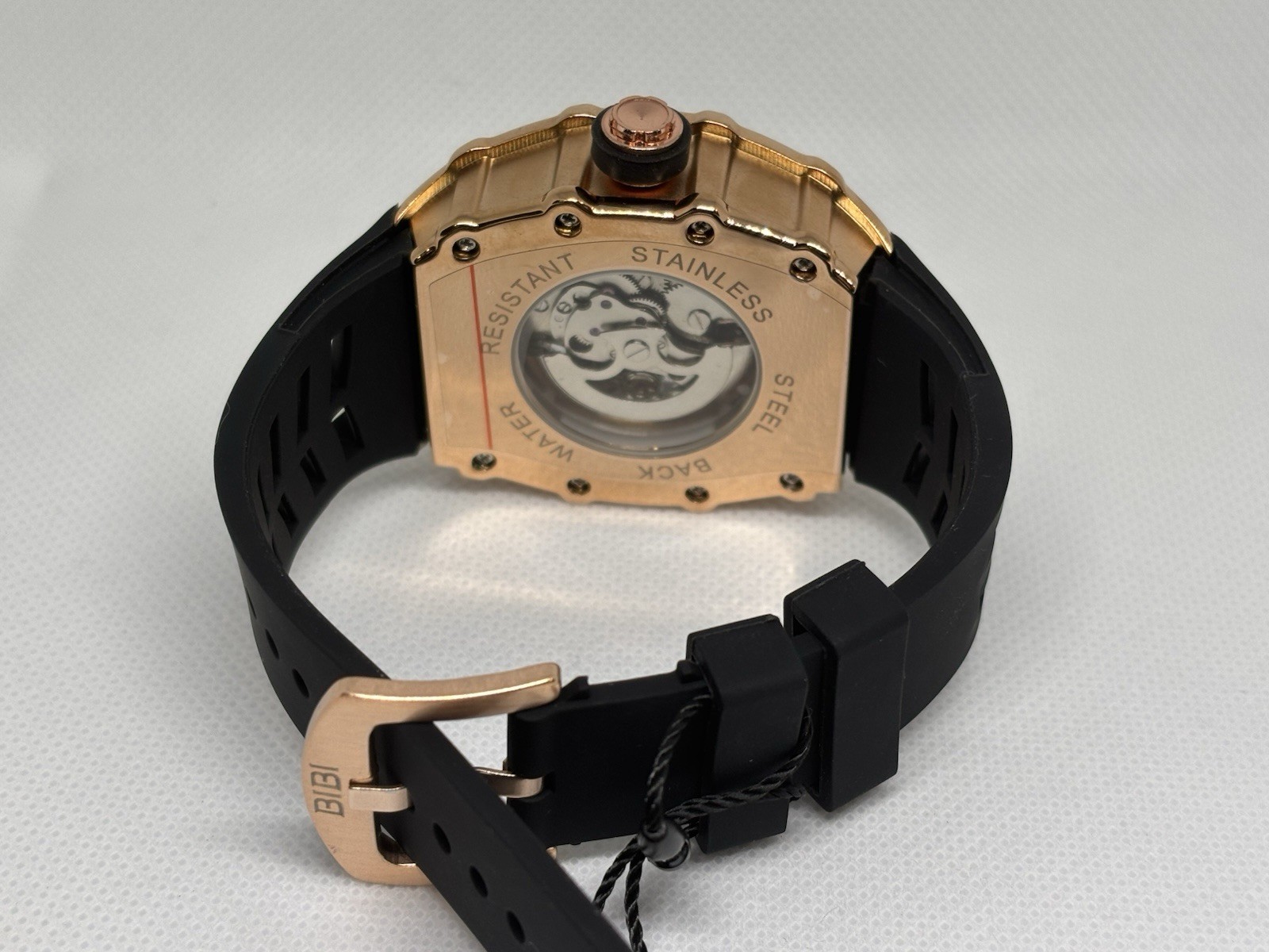 BIBI Automatic Skeleton Rose Gold Black Rubber Strap Men’s Watch Box & Papers