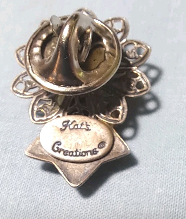 Vintage Kat’s Creations Signed Mixed Metal Angel Lapel Pin Faux Pearl Filigree