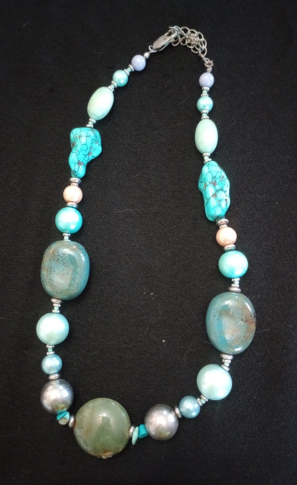Turquoise & Pearl Gemstone Beaded Necklace, Irregular Chips, Lobster Clasp