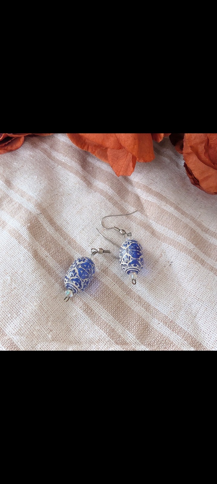 Blue & White Beaded Dangle Drop Hook Earrings Porcelain And Glass