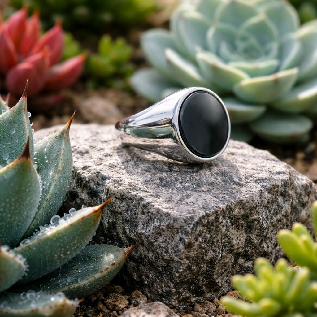 Sterling Silver 925 Mens Smooth Plain Band Oval Black Onyx Ring