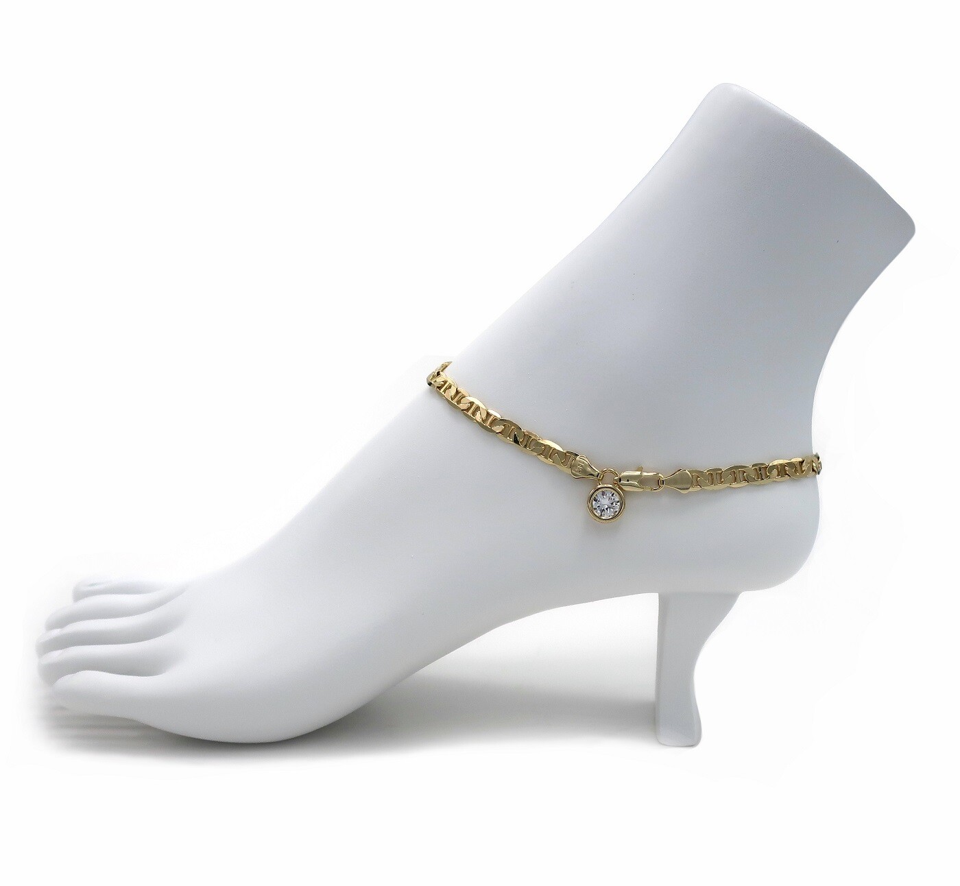 5mm ITALIAN MARINER LINK CHAIN ANKLET CZ STONE ANKLE BRACELET 14K GOLD PLATED