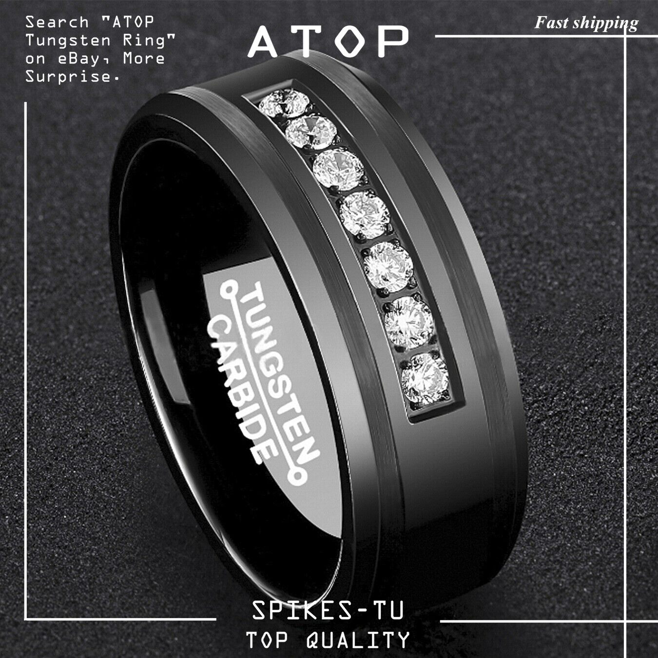 8mm Black Tungsten Carbide Ring Diamonds Inlay Comfort Fit ATOP Men Wedding Band