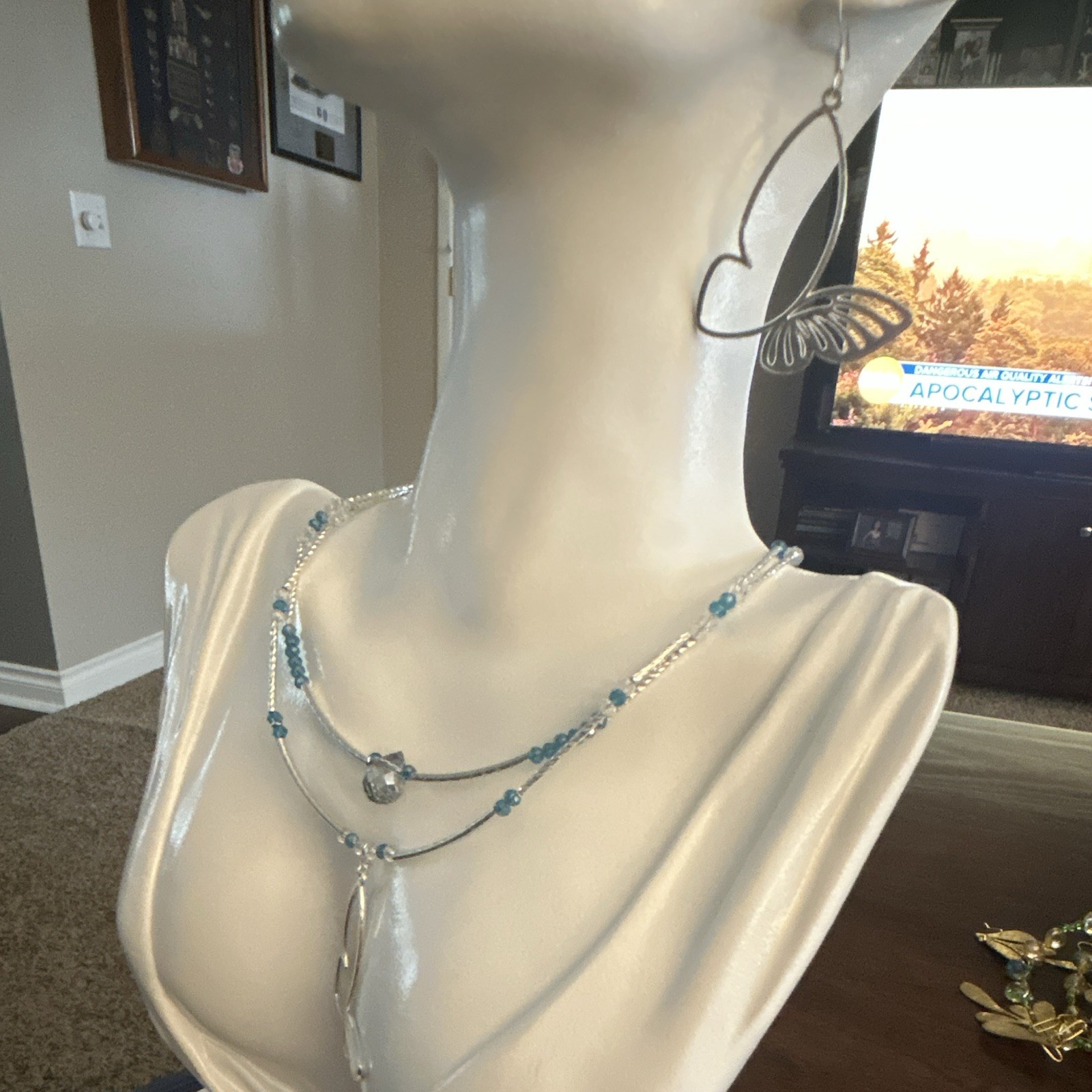 Silver Tone Layered Cable Chain Butterfly Charm Pendant Necklace Blue Crystals
