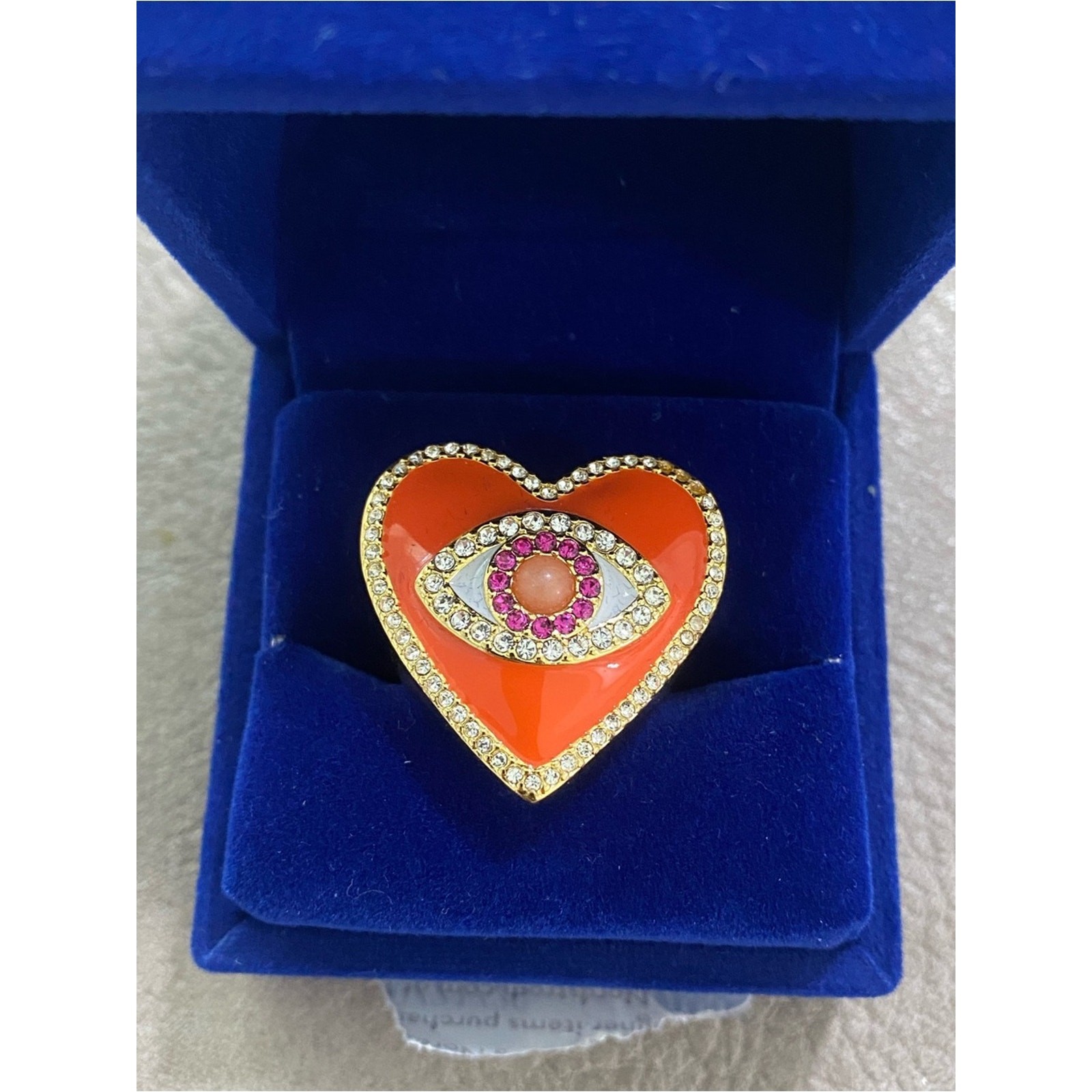 Kurt Geiger Evil Eye Heart Cocktail Ring Orange in Gold Tone Size 7