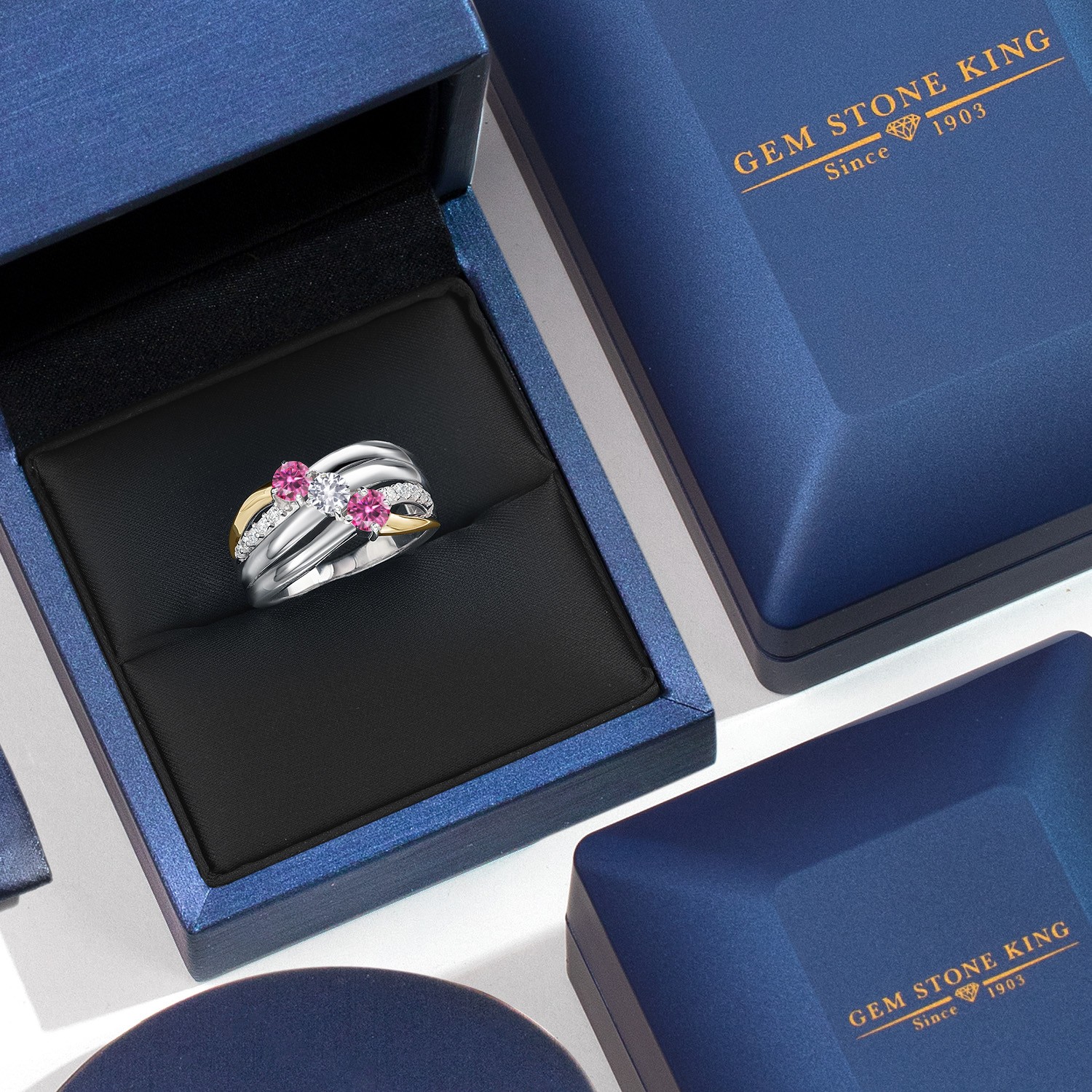 925 Silver and 10K Yellow Gold Pink Moissanite and White Created Sapphire and