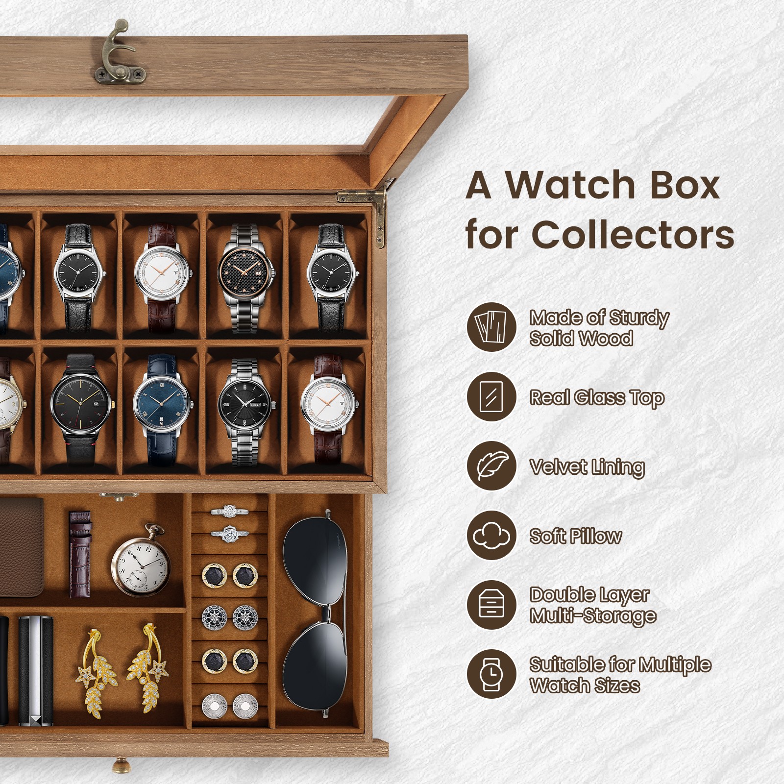 12 Slots Watch Box Solid Wood Storage Display Case Wrist Watch Case