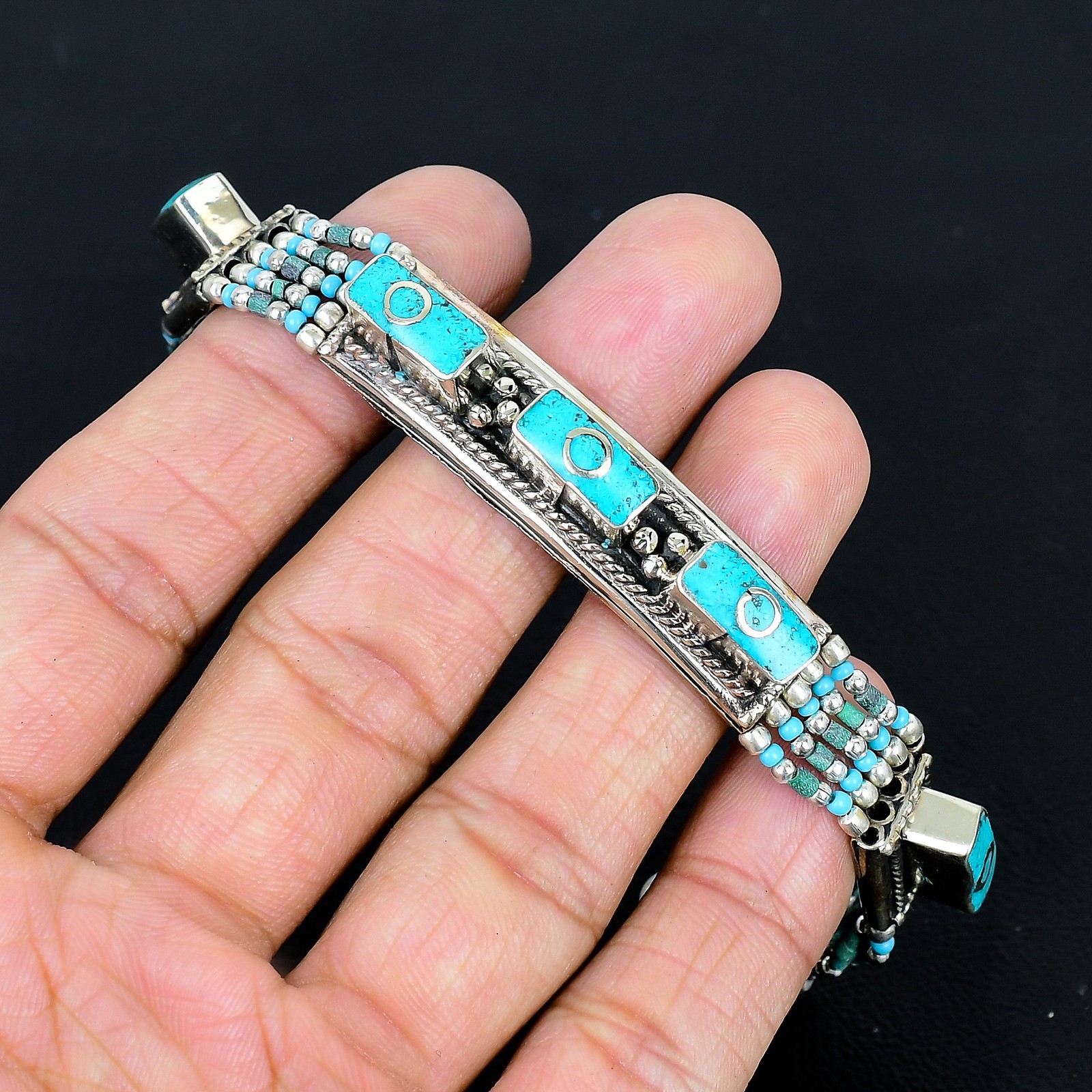 Turquoise 925 Sterling Silver Bohemian Latest Tibetan Nepali Bracelet 7″ PG 3462