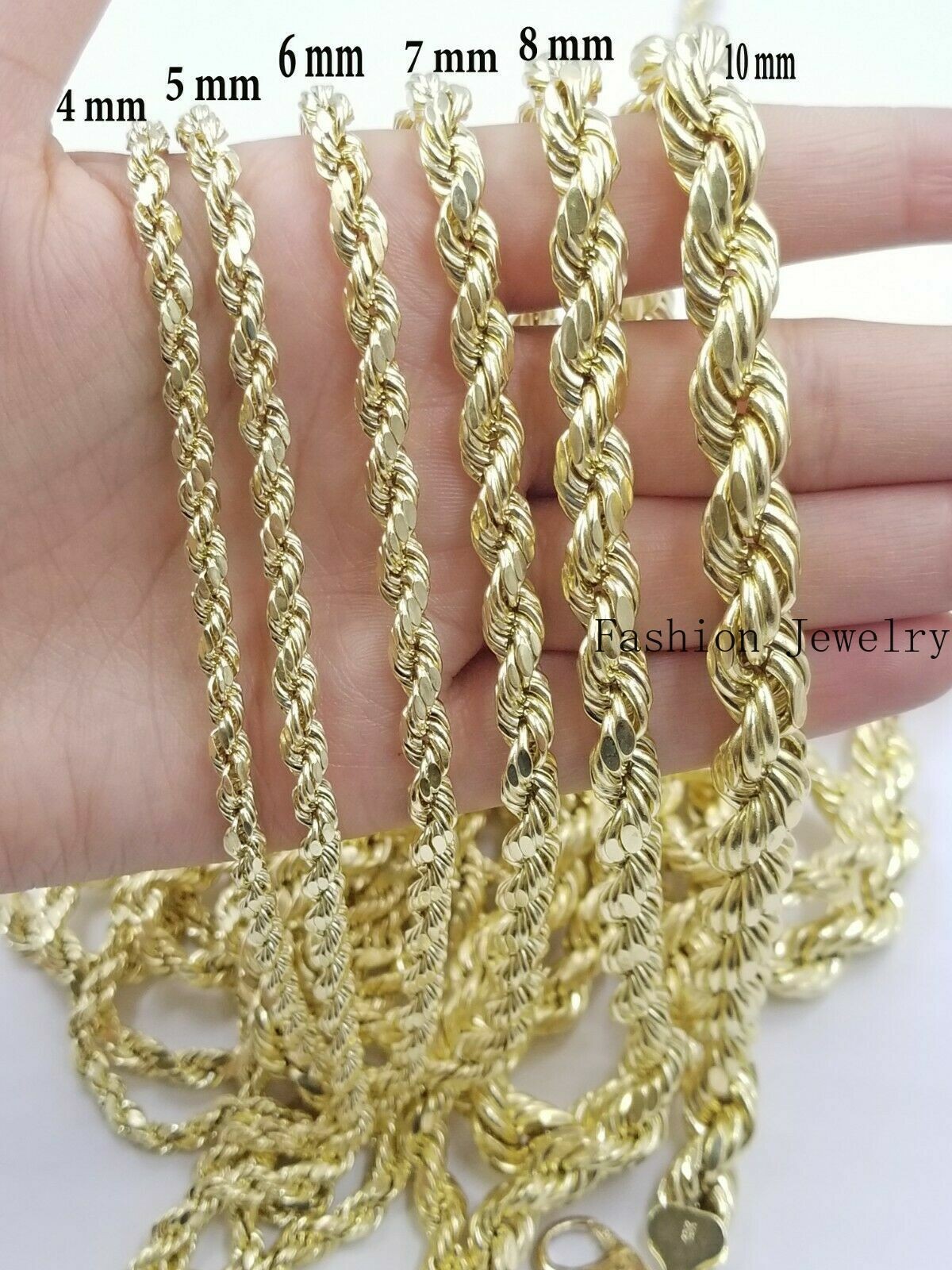 Real Solid 10k Gold Rope Chain Necklace 4mm-10mm Diamond Cut 18″-30″ For Pendant