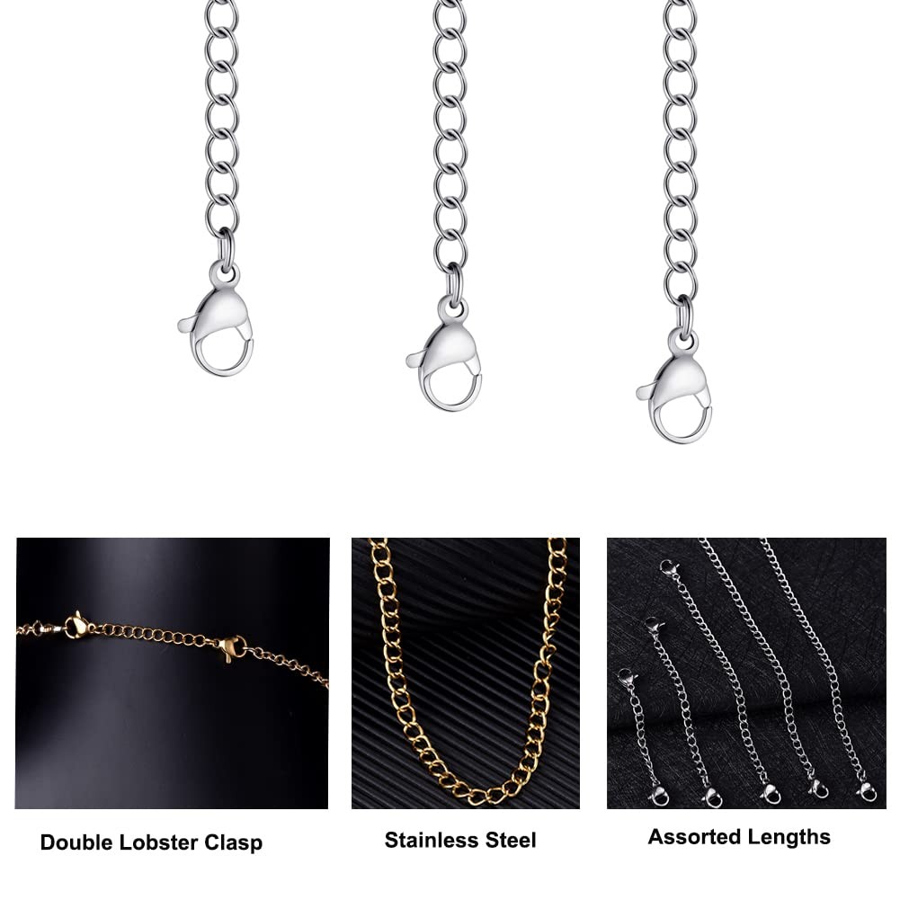 5Pcs Silver Stainless Steel Necklace Extender Chain Links Silver Lobster