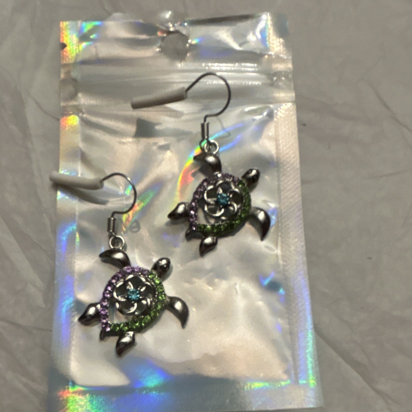 Turtle Dangle Drop Hook Earrings Silver Tone Multicolor Round Crystal Beach