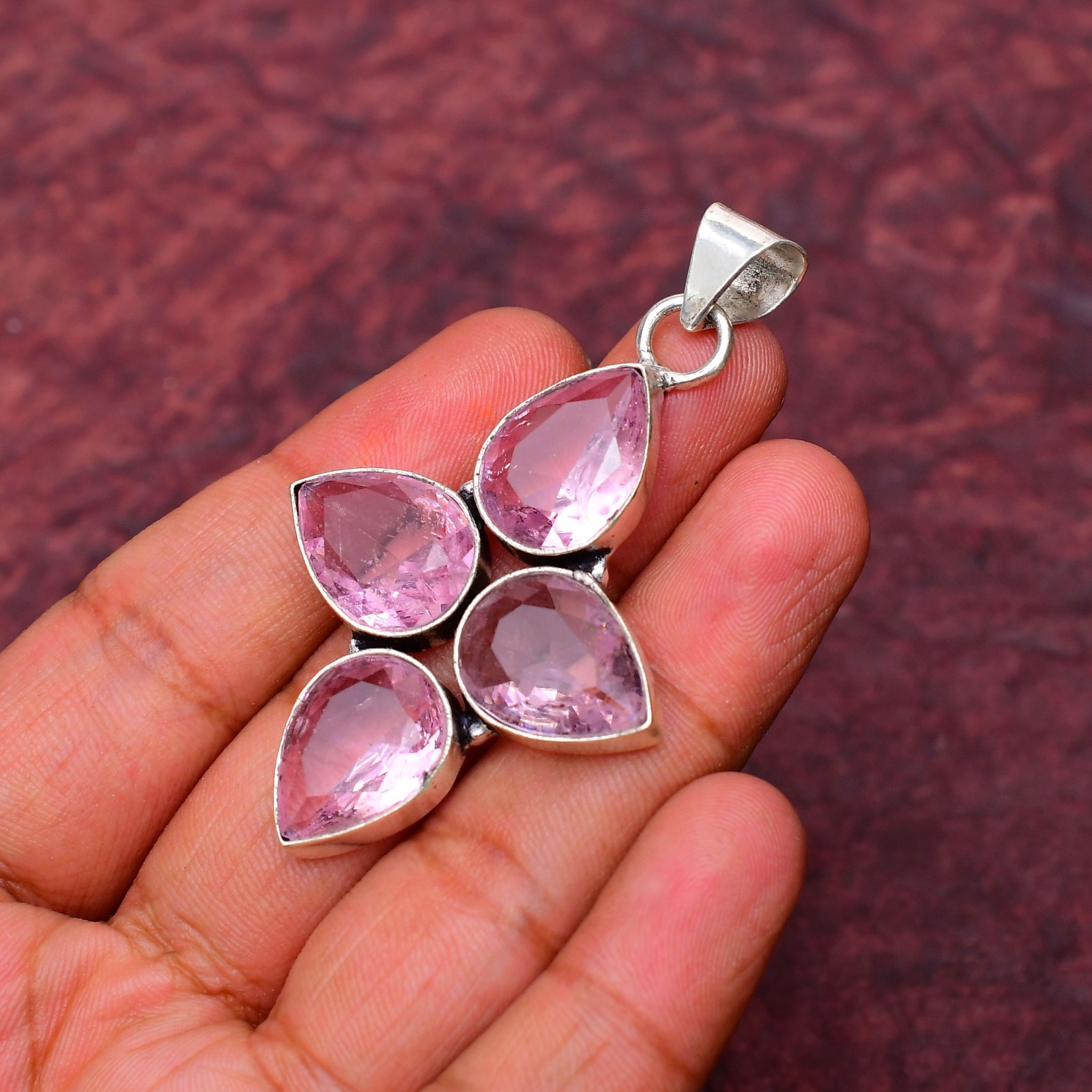 Pink Kunzite Gemstone 925 sterling silver Handmade Cross Pendant jewelry 2.28″