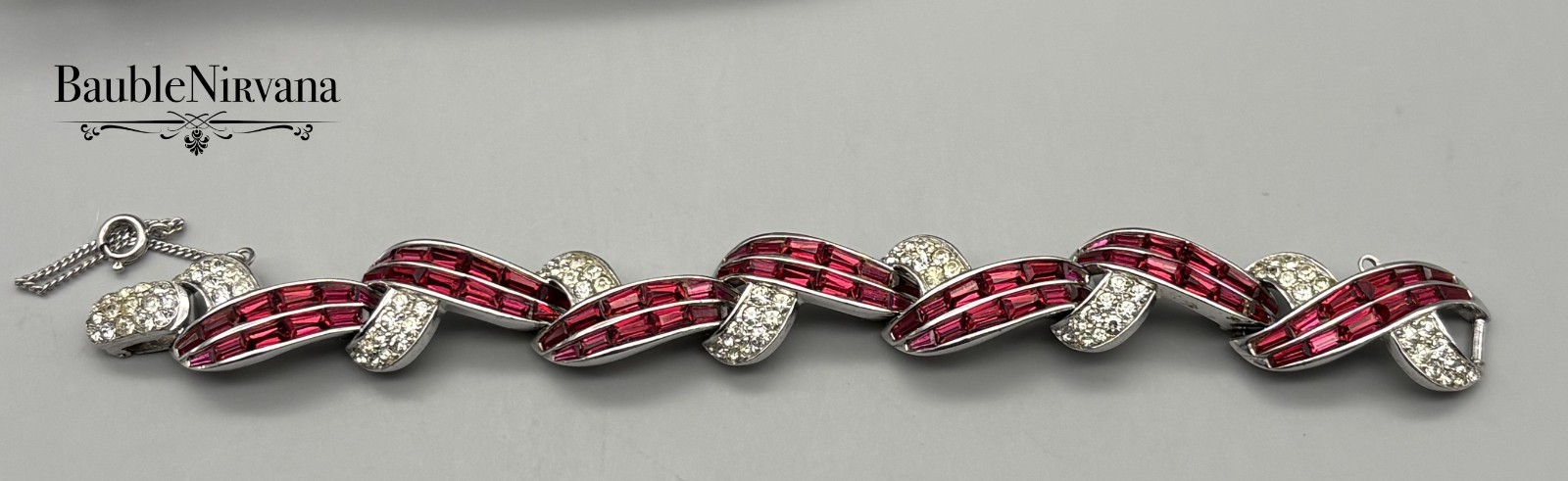 Vintage Boucher Cross Over Link Bracelet Red Baguettes&Clear Crystal Stones