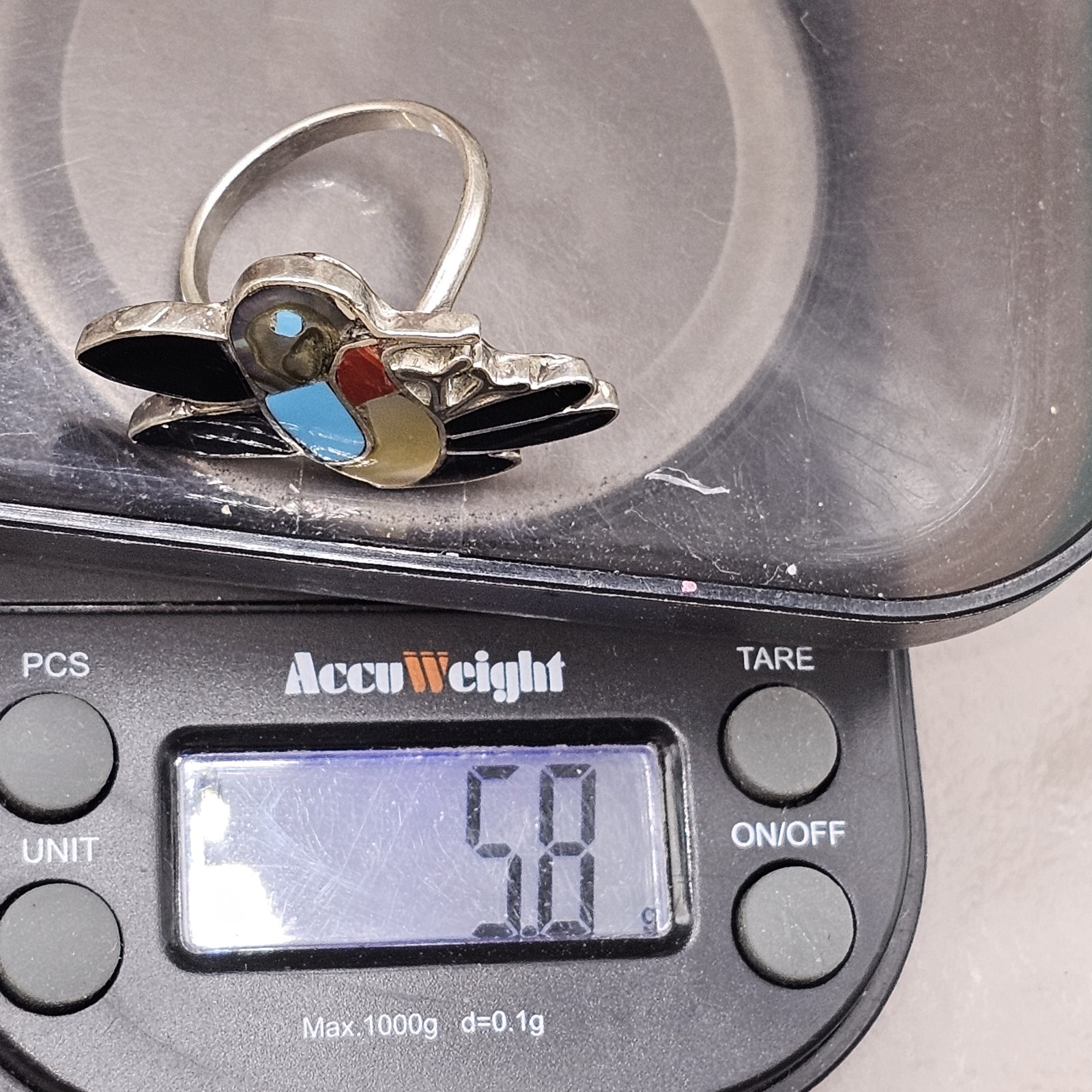 Native American ​Zuni Made Inlay Hummingbird Sterling Ring Multi Stone Size 7.75