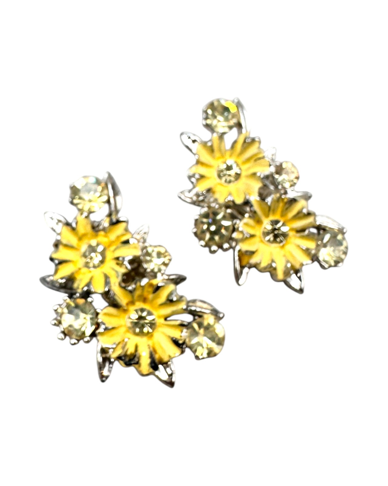 Vintage Yellow Daisy Enamel & Rhinestone Clip-On Earrings