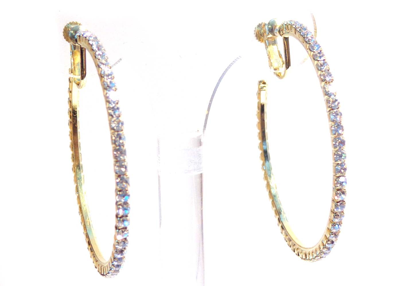 CLIP-ON EARRINGS 2.25 INCH HOOP CRYSTAL EARRINGS RHINESTONE SILVER OR GOLD TONE
