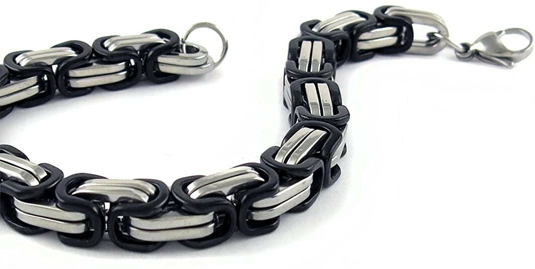 Men’s Stainless Steel Black & Silver Mechanic Byzantine Bracelet Link Chain 8.5″