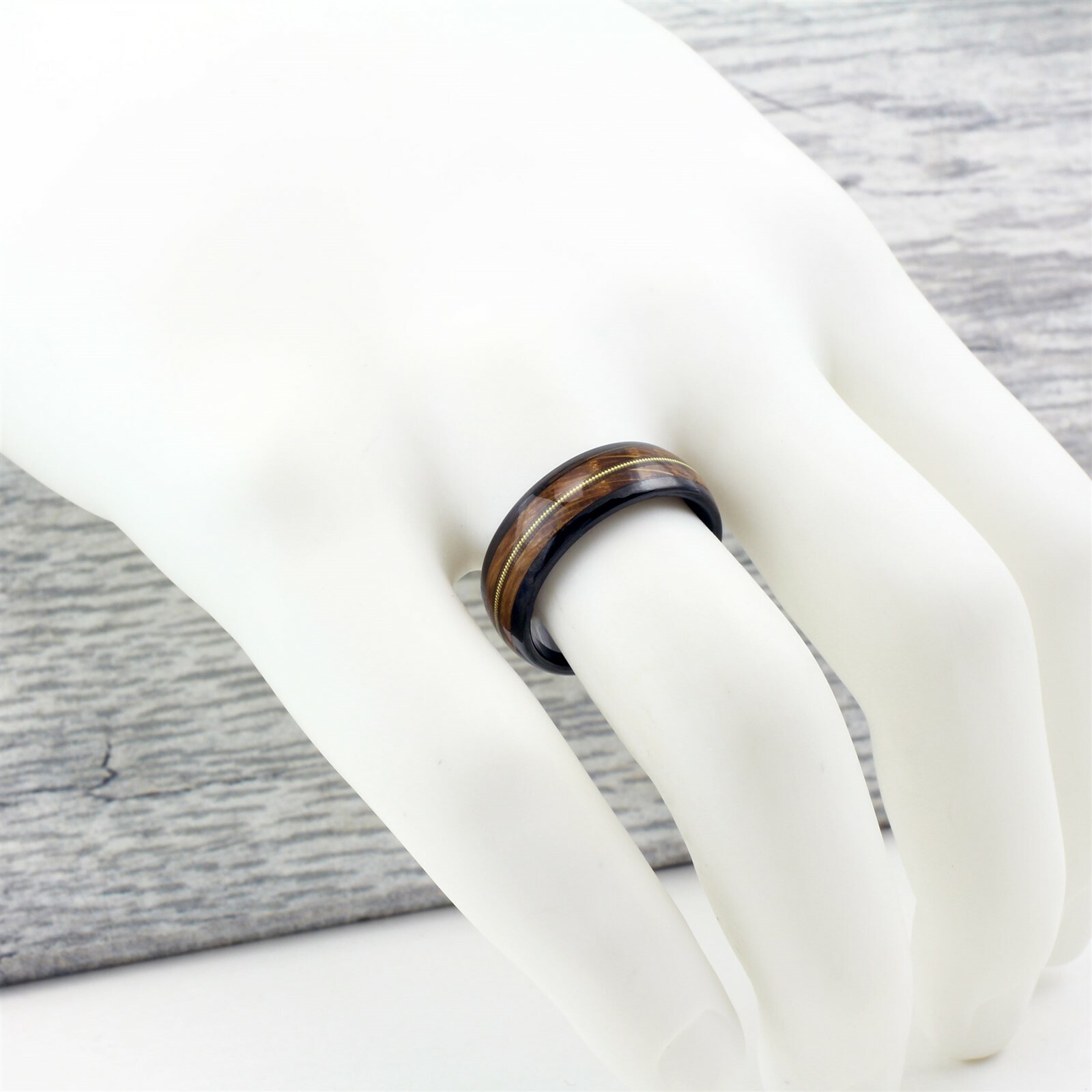 Engraved 8mm Black Tungsten Whiskey Barrel Wood w/ Guitar String Men’s Band Ring