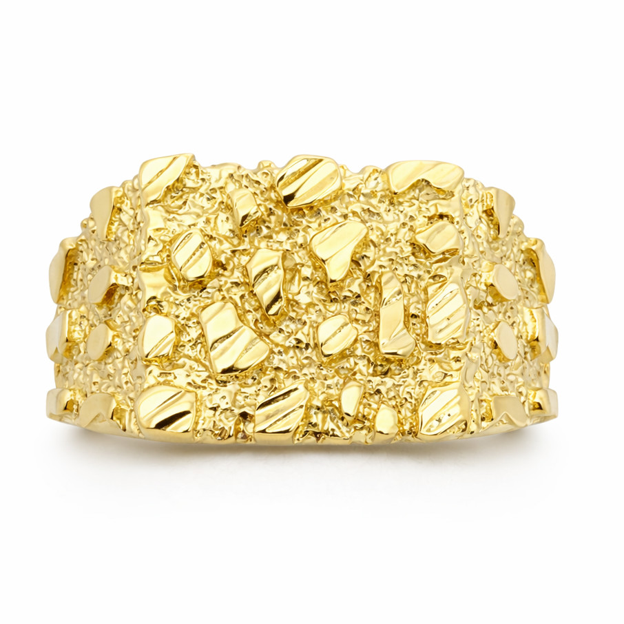 Solid 14K Yellow Gold Large Diamond Cut Mens Nugget Ring, Size 5 – 15