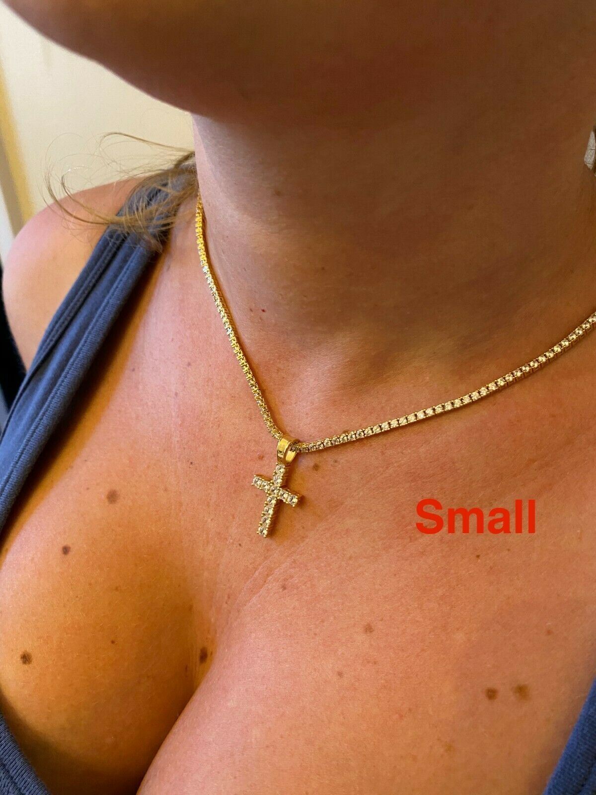 Tennis Cross Pendant Simulated Diamond Iced Necklace 14k Gold Plated 925 Silver