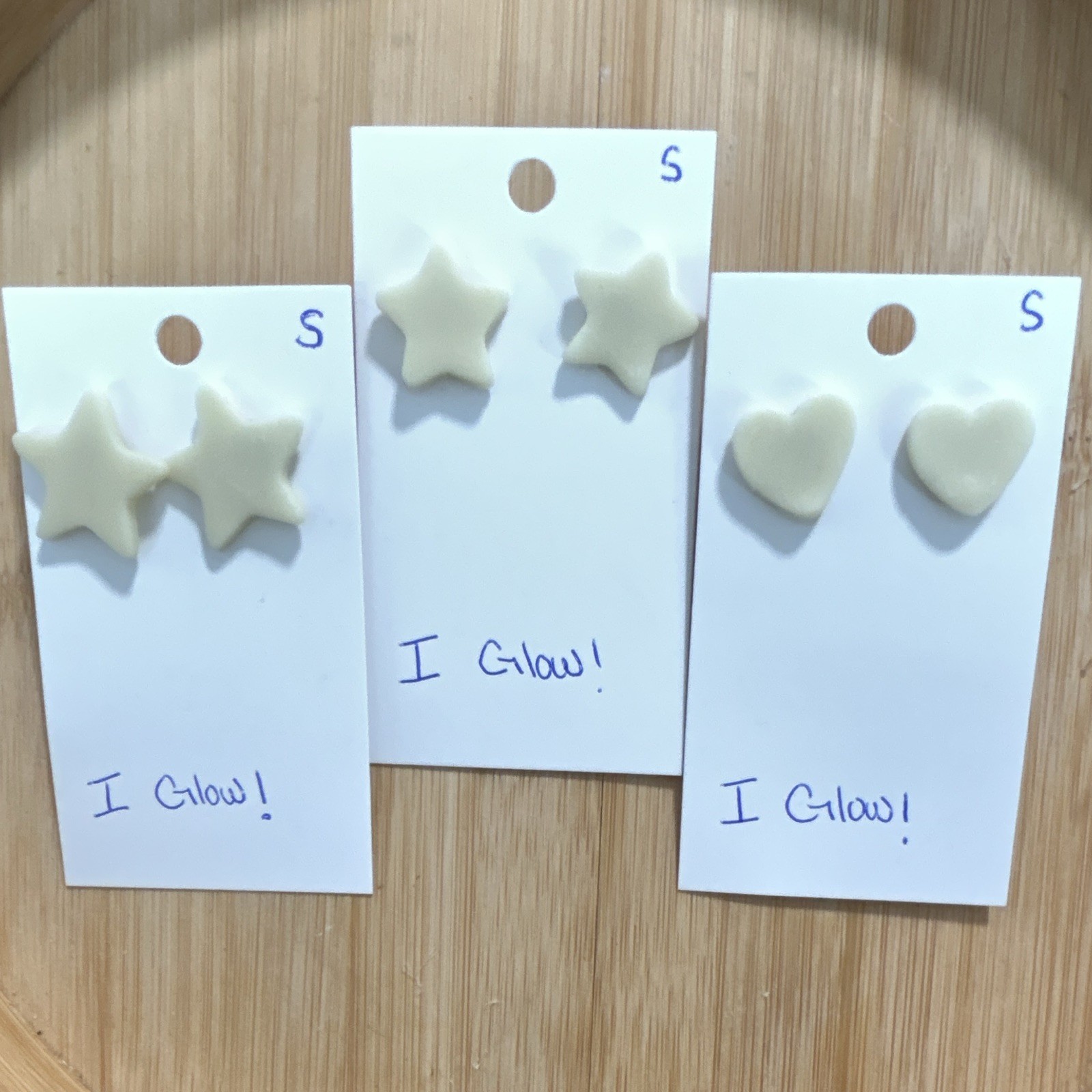 Glow in the Dark White Star & Heart Stud Earrings, Polymer Clay, 3 Pairs