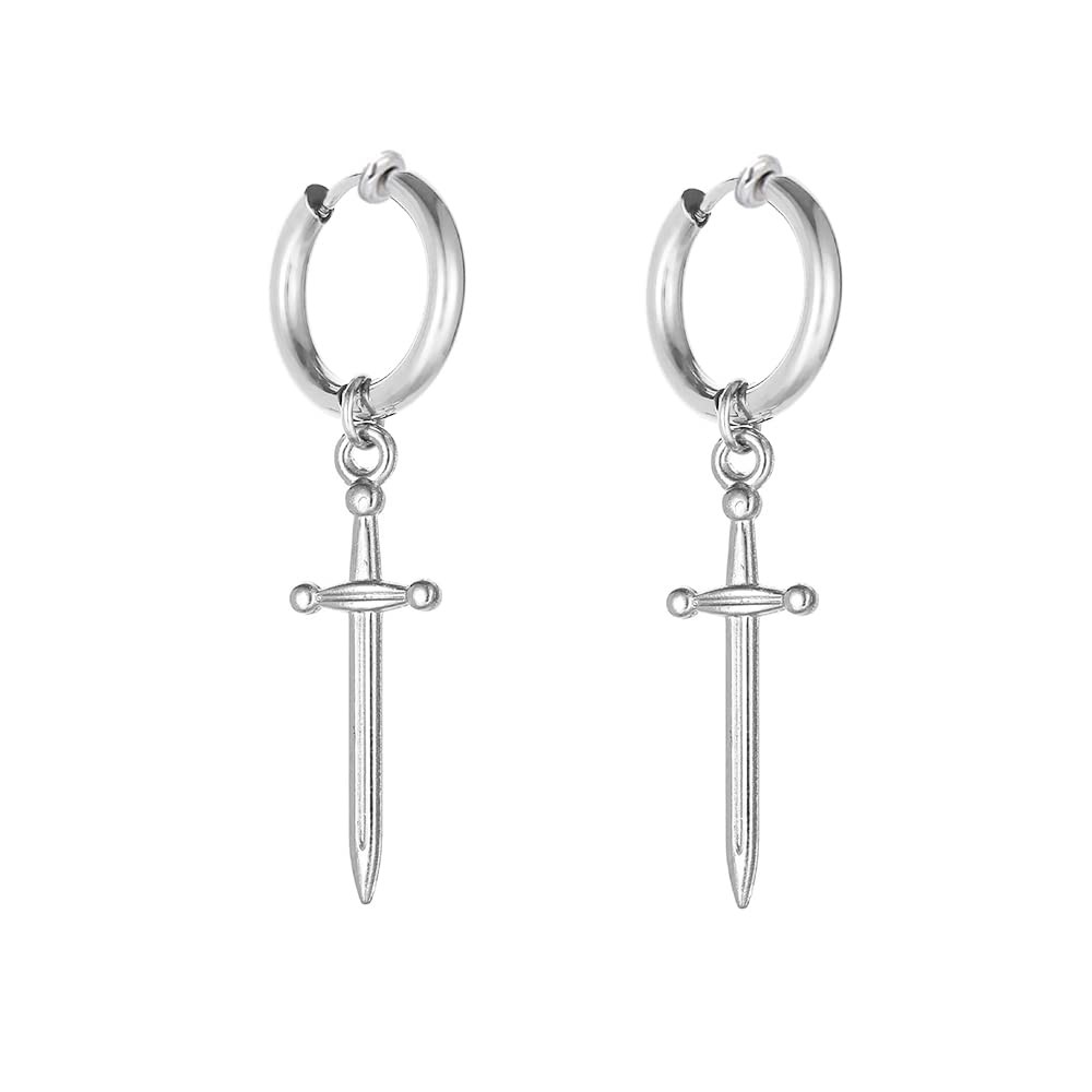 Clip on Dagger Sword Minimalist Dangle Drop Small Hoop Earrings for Men Women No