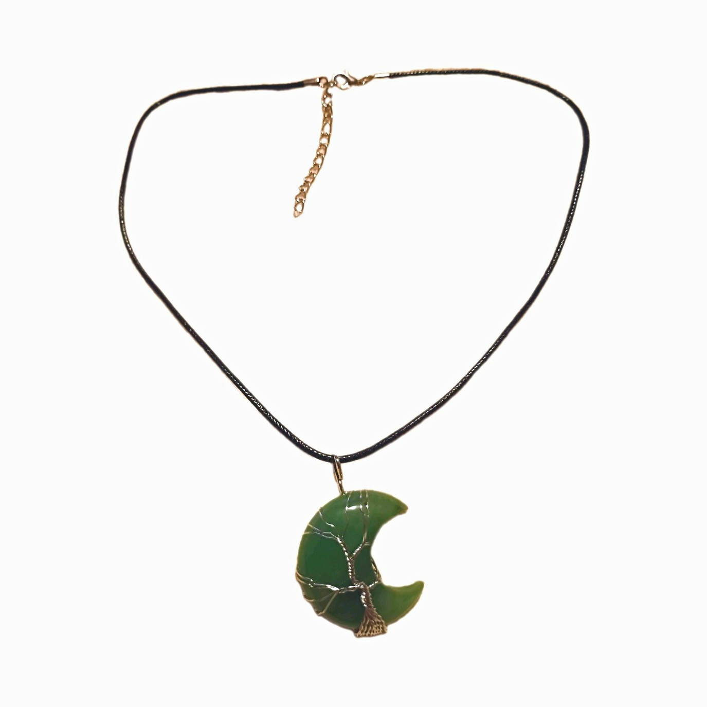 Green Aventurine Crescent Moon Tree of Life pendant Black Cord