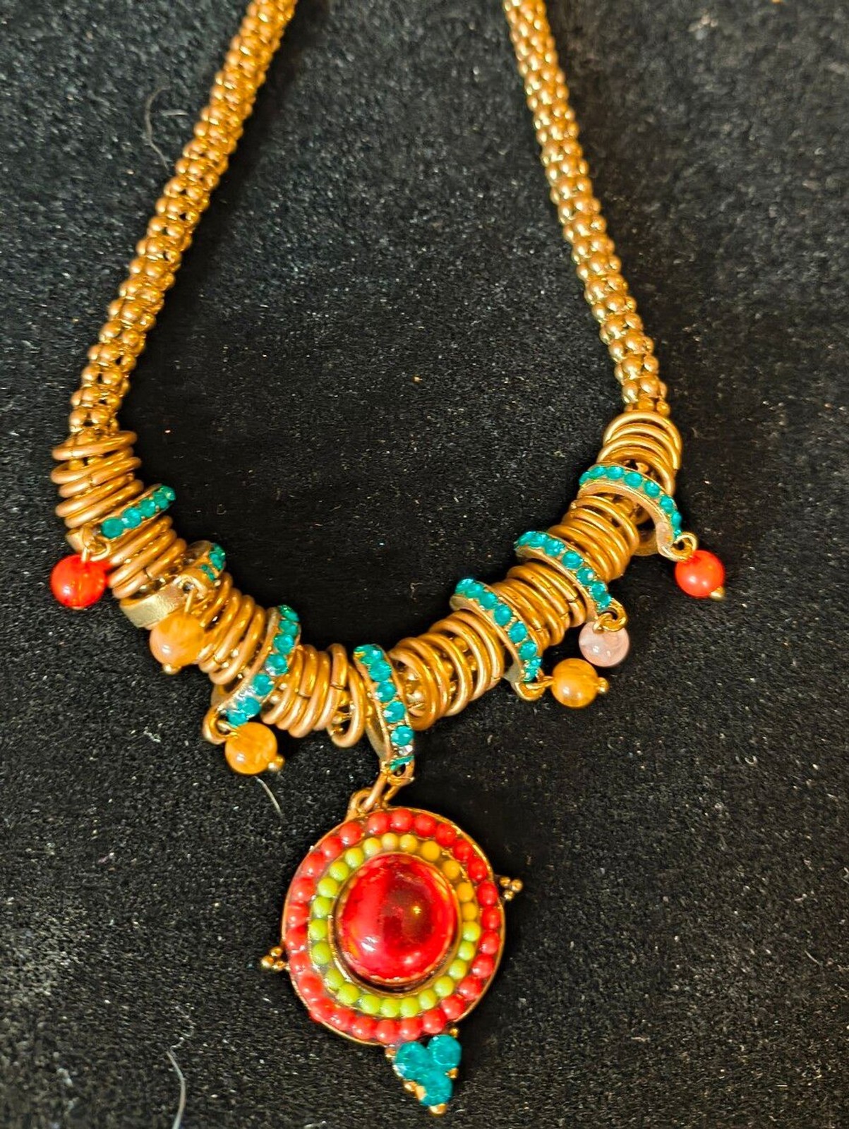 Boho Statement Necklace Gold Tone Red Glass Cabochon Turquoise Rhinestones