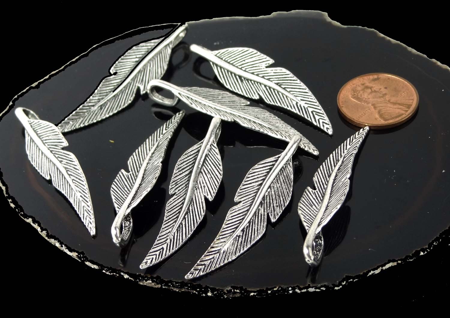 8 Feather Charms Antique Silver Pewter Bohemian Boho Pendants 46x11mm
