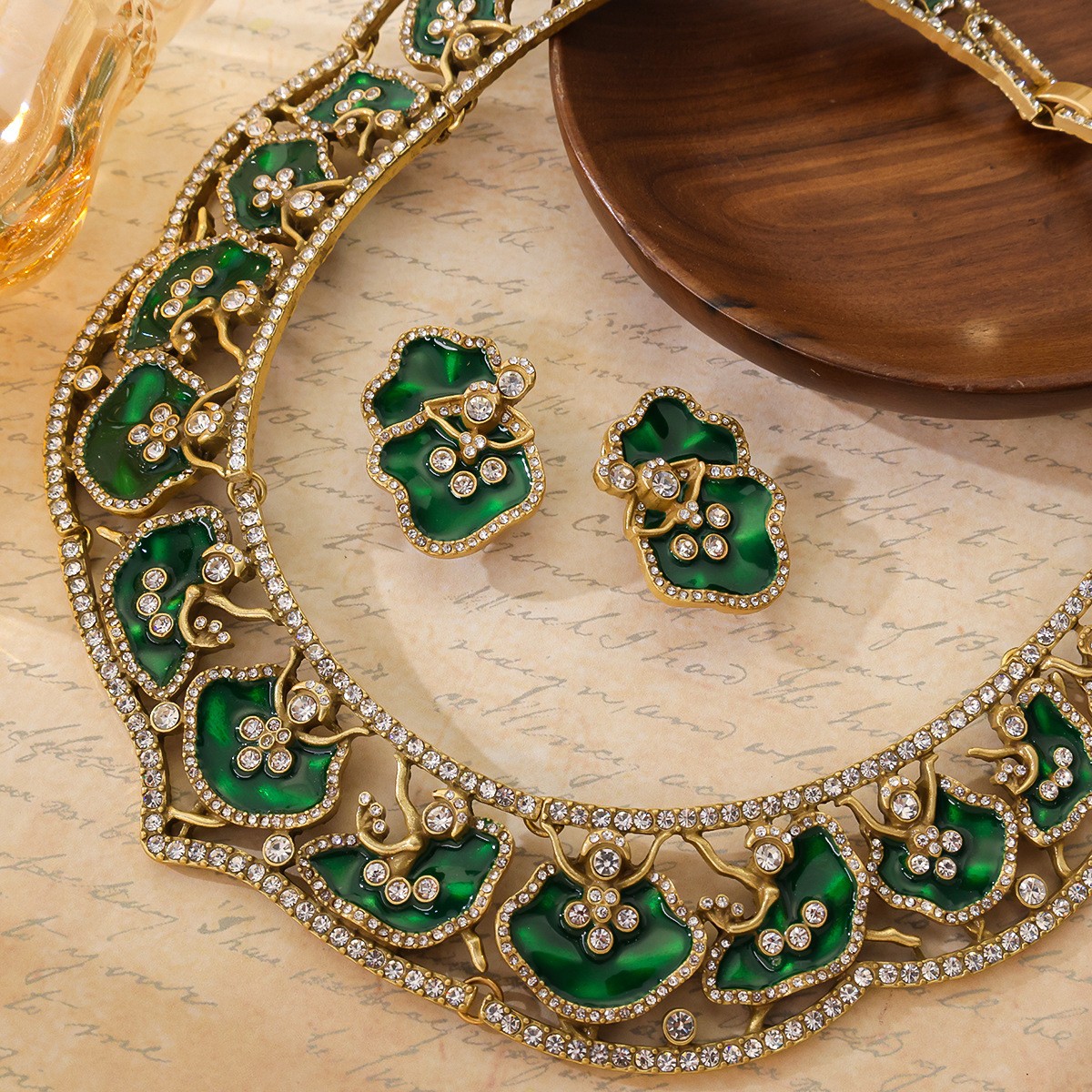 Handmade Enamel Rhinestone Lotus Leaf Bib Collar Necklace & Earrings Jewelry Set