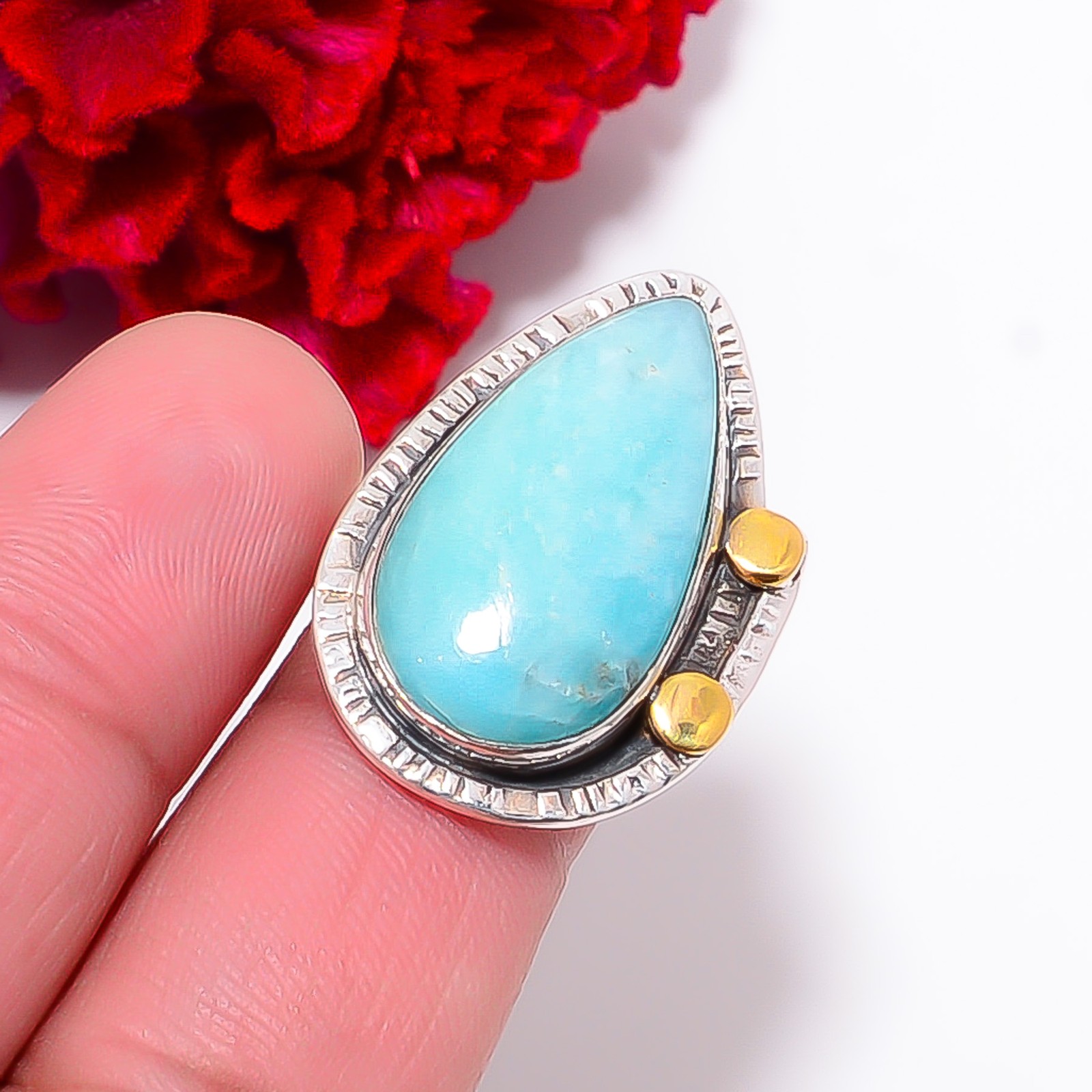 Amazonite – Peru Two Tone Designer Gemstone 925 Sterling Silver Ring S.9 R98236
