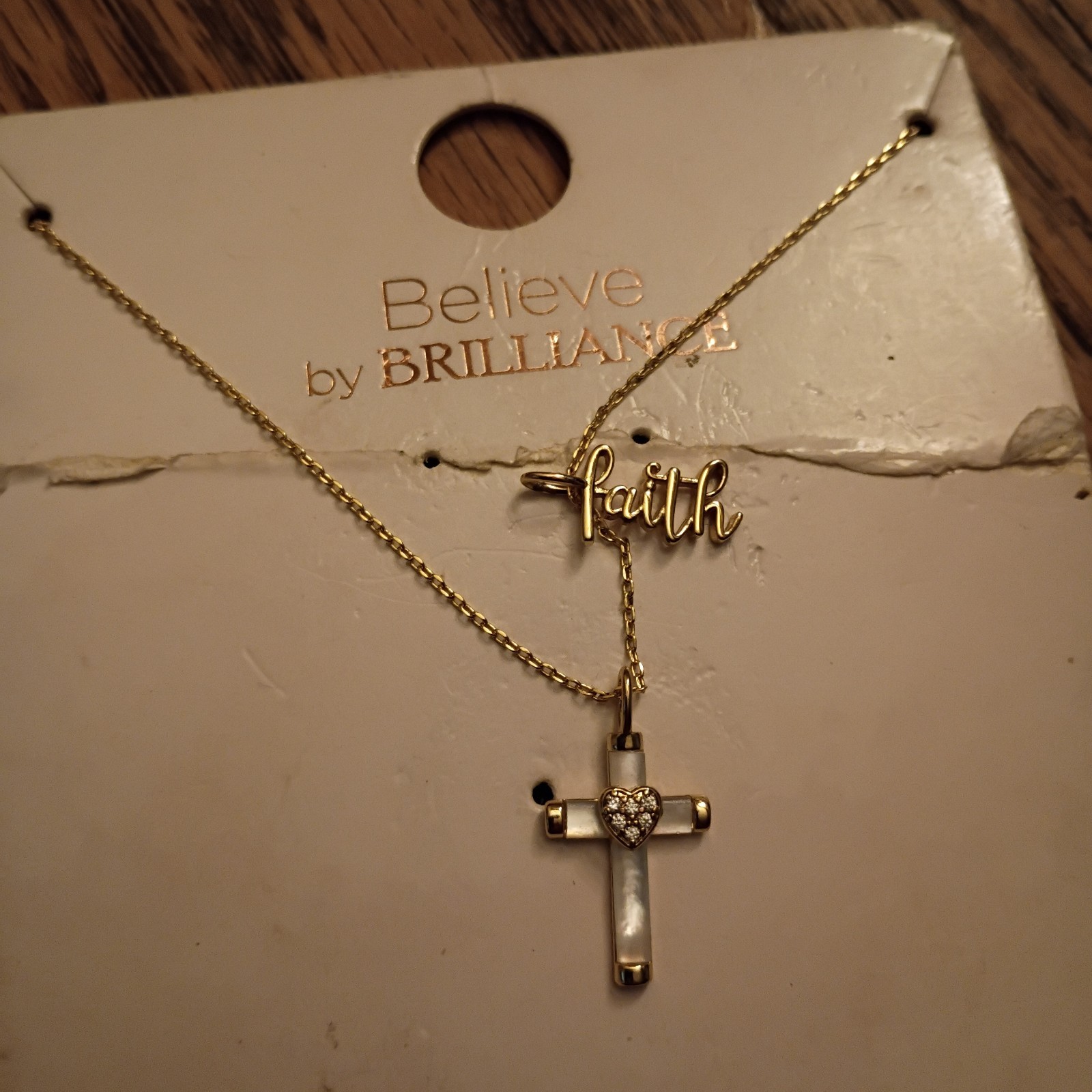 Believe by Brilliance Faith + Grace CZ Cross Charm Necklace 18in+Ext Gold Pl