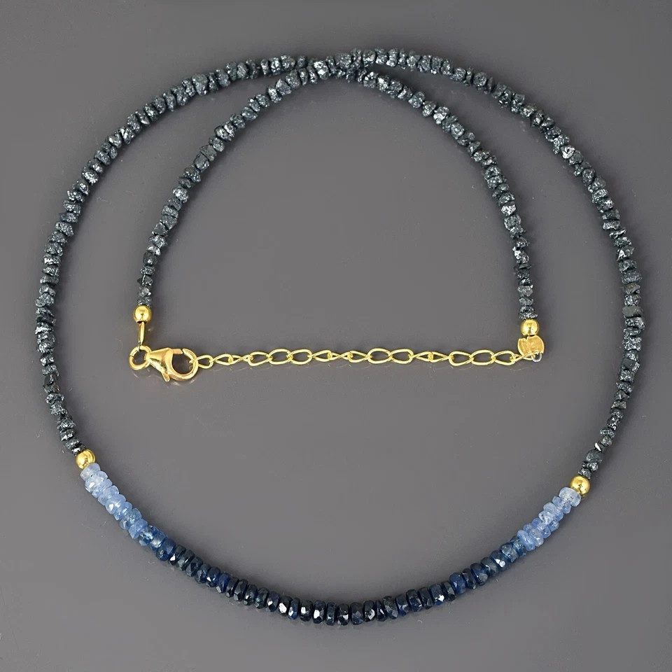 Natural Black Diamond And Blue Sapphire Beads Nuggets 925 Silver Strand Necklace