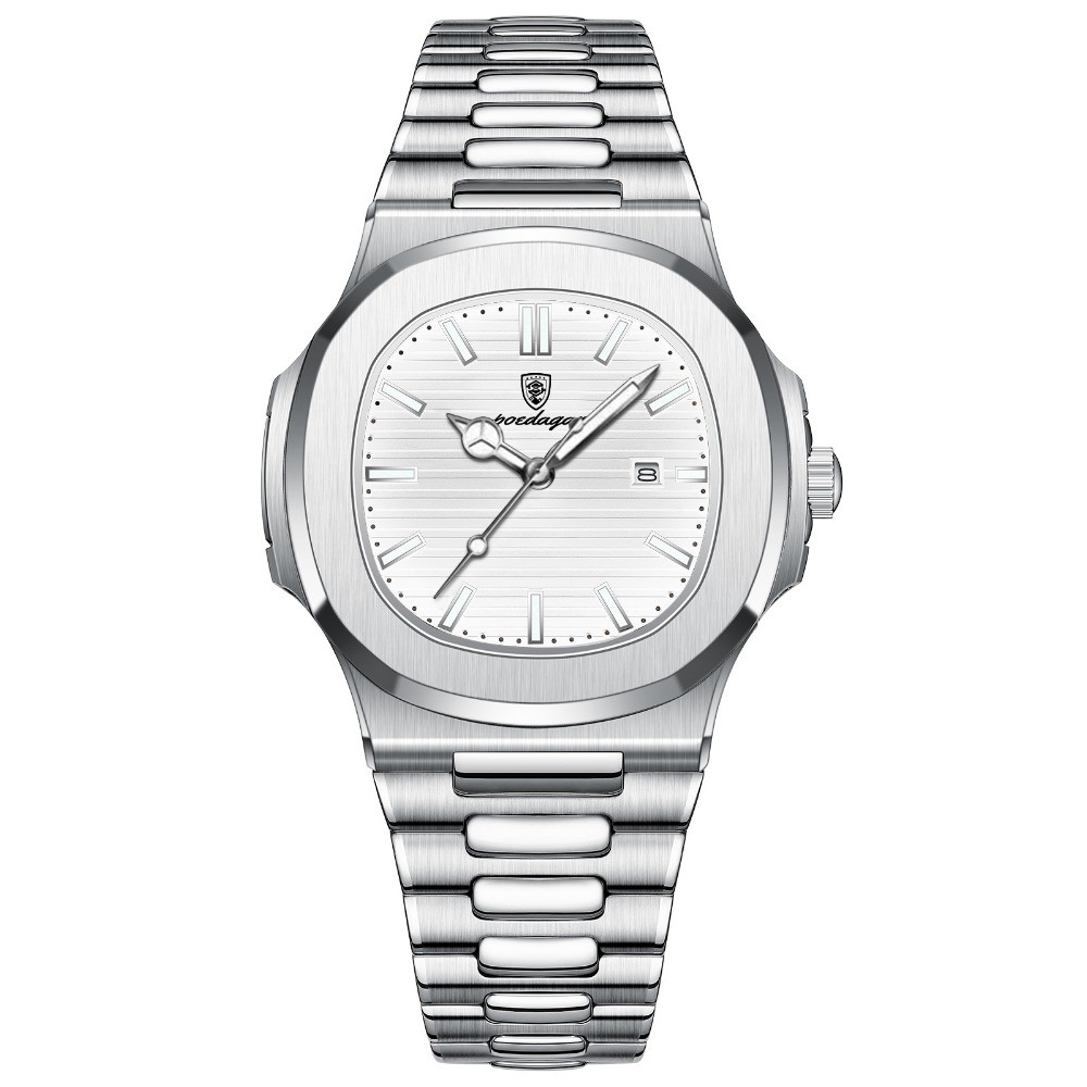 POEDAGAR Square Men Waterproof Luminous Date Stainless Steel Quartz Watch