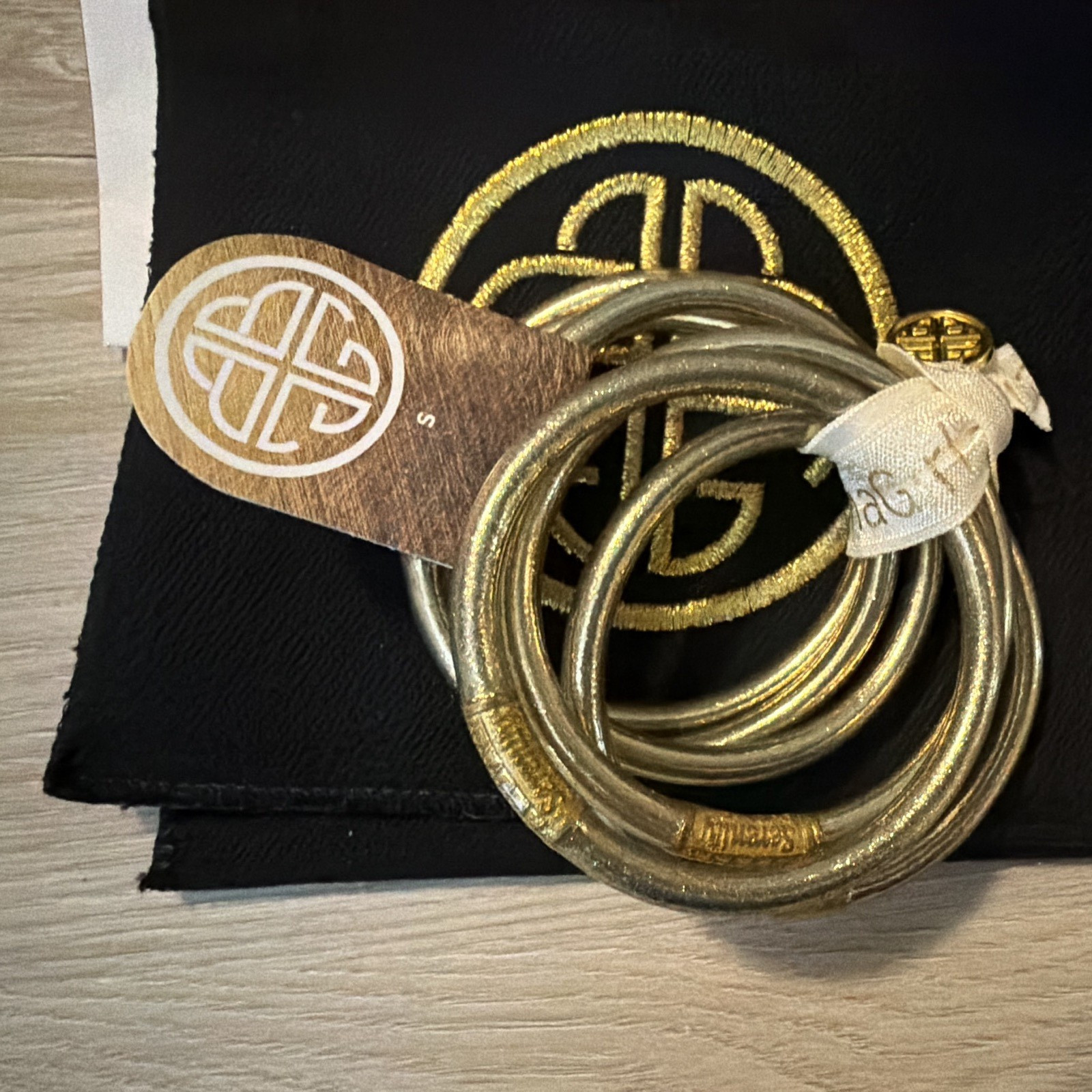 BUDHAGIRL Gold Tone Signed Round Bangle Bracelet Set Size S w/ Pouch Card
