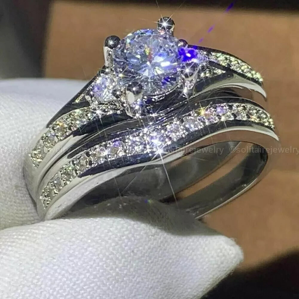 2.50Ct Round Cut Moissanite Bridal Set Engagement Ring 14k White Gold Plated