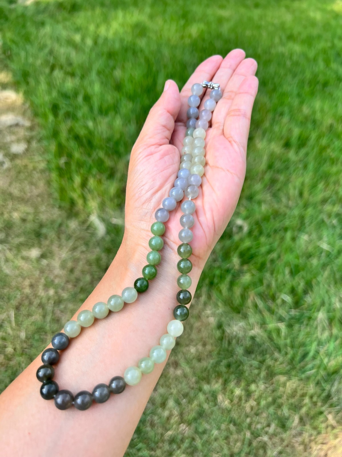 Genuine Gray Purple Green Nephrite Jade 7.8mm Bead 17″ Necklace H323 a