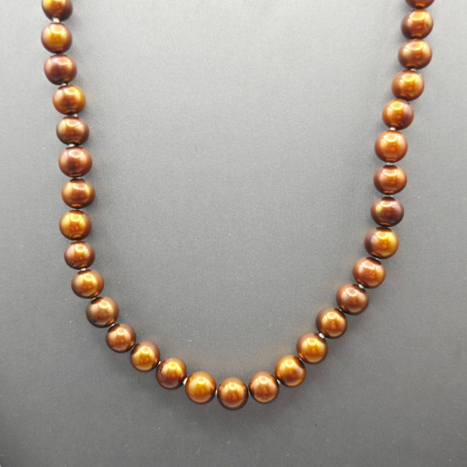 Vintage 10K Gold Bronze Cultured Pearl Necklace Hand Knotted Silk Strand 16″
