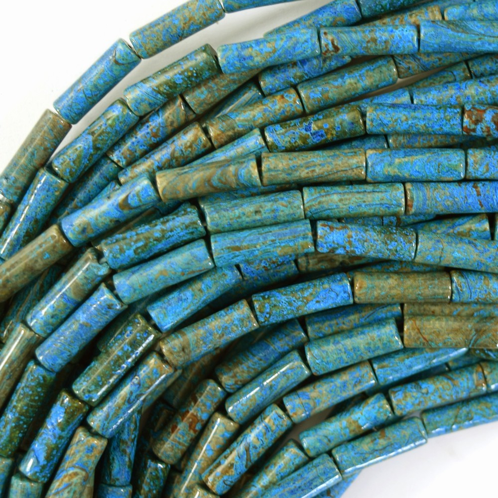 13mm brown blue turquoise tube beads 16″ strand