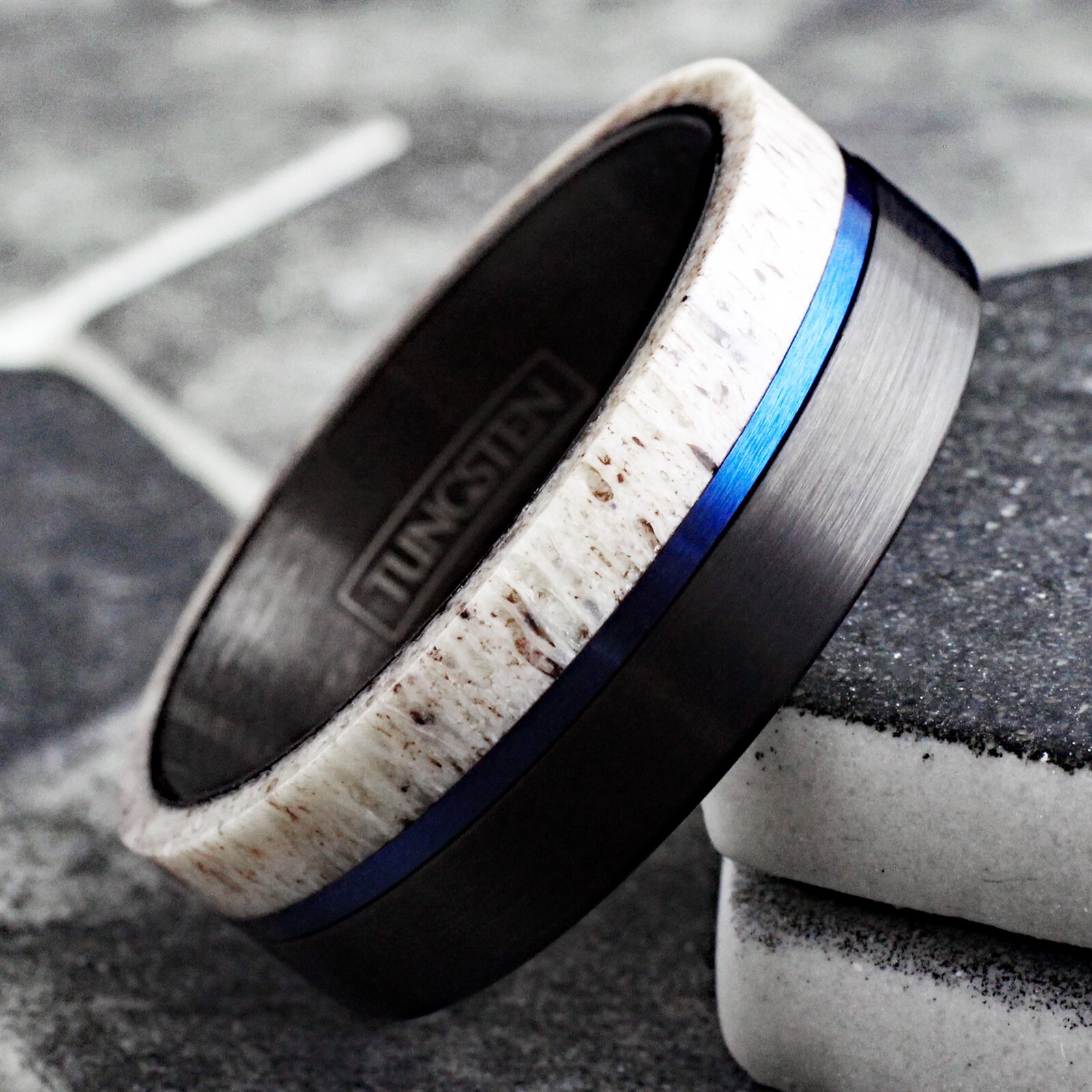 Black Tungsten Carbide Men’s Ring Deer Antler w/ Blue Stripe Wedding Band