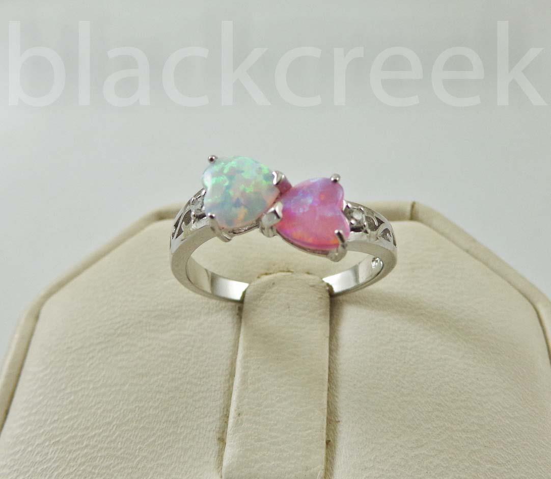 925 Sterling Silver / White / Pink / Two Hearts / Opal~Size 4/5/6/7/8/9/10/11/12