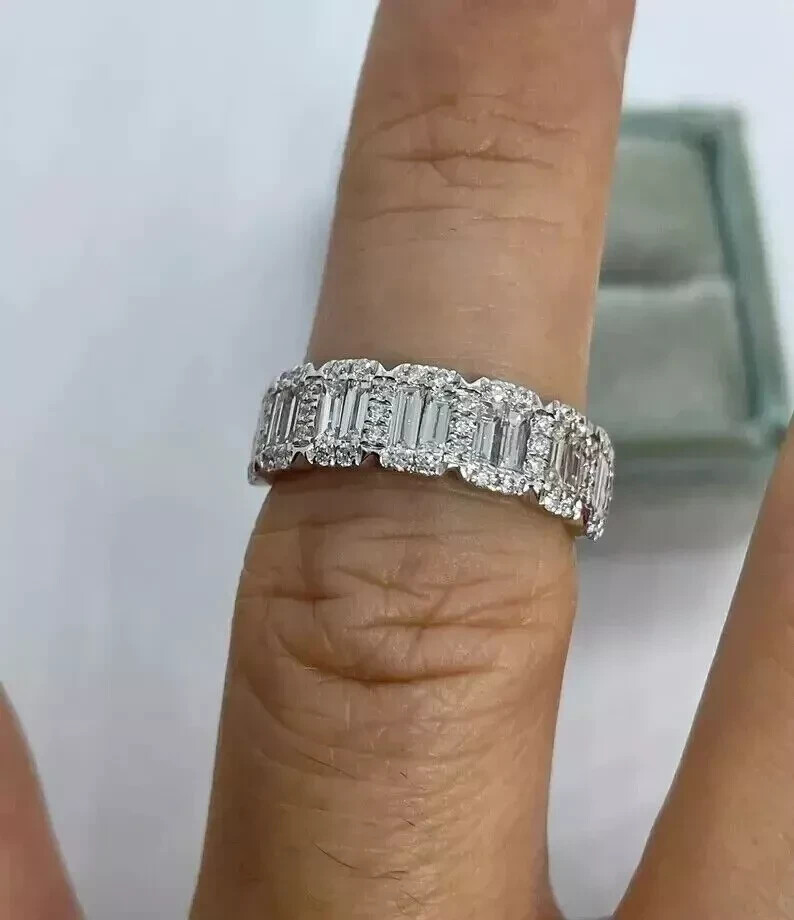 3Ct Baguette & Round Moissanite Wedding Eternity Band Ring 14K White Gold Plated