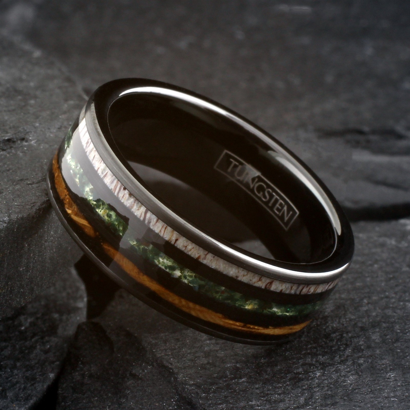 Black Tungsten Carbide Moss Agate Deer Antler Whiskey Barrel Band Ring