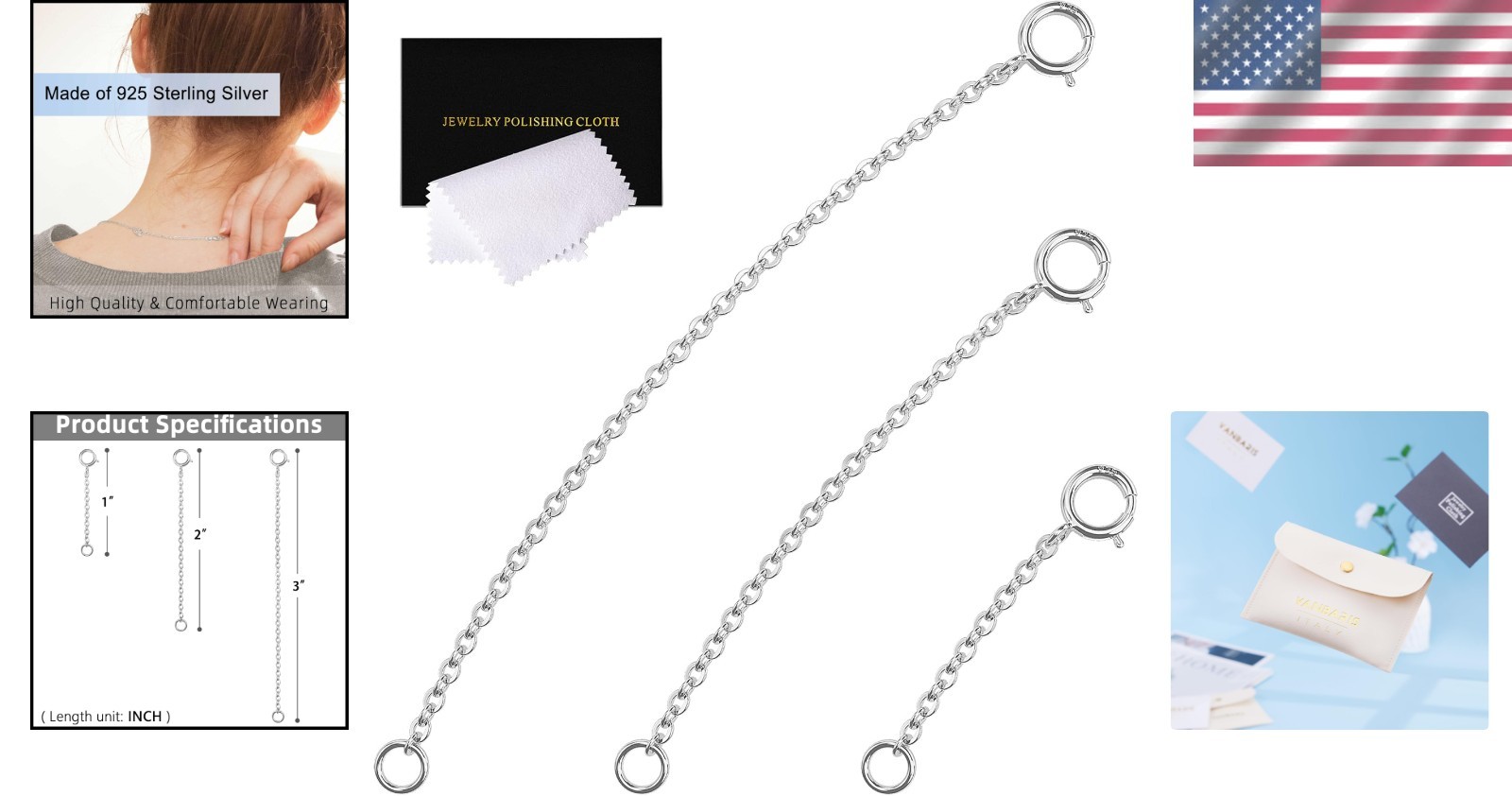 3 Pcs Necklace Extender Sterling Silver Chain Extenders for Necklaces Bracelets