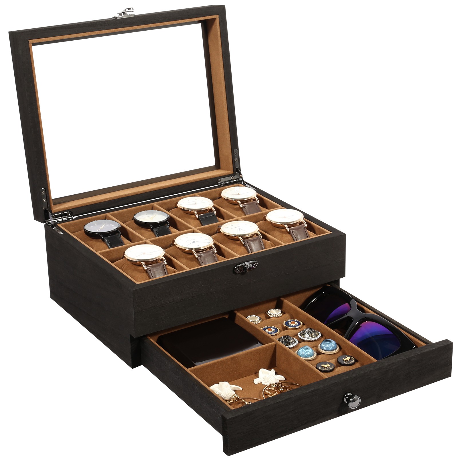 6-8-10-12 Slot Watch Box Solid Wood Watch Display Case Glass Lid Watch Holder