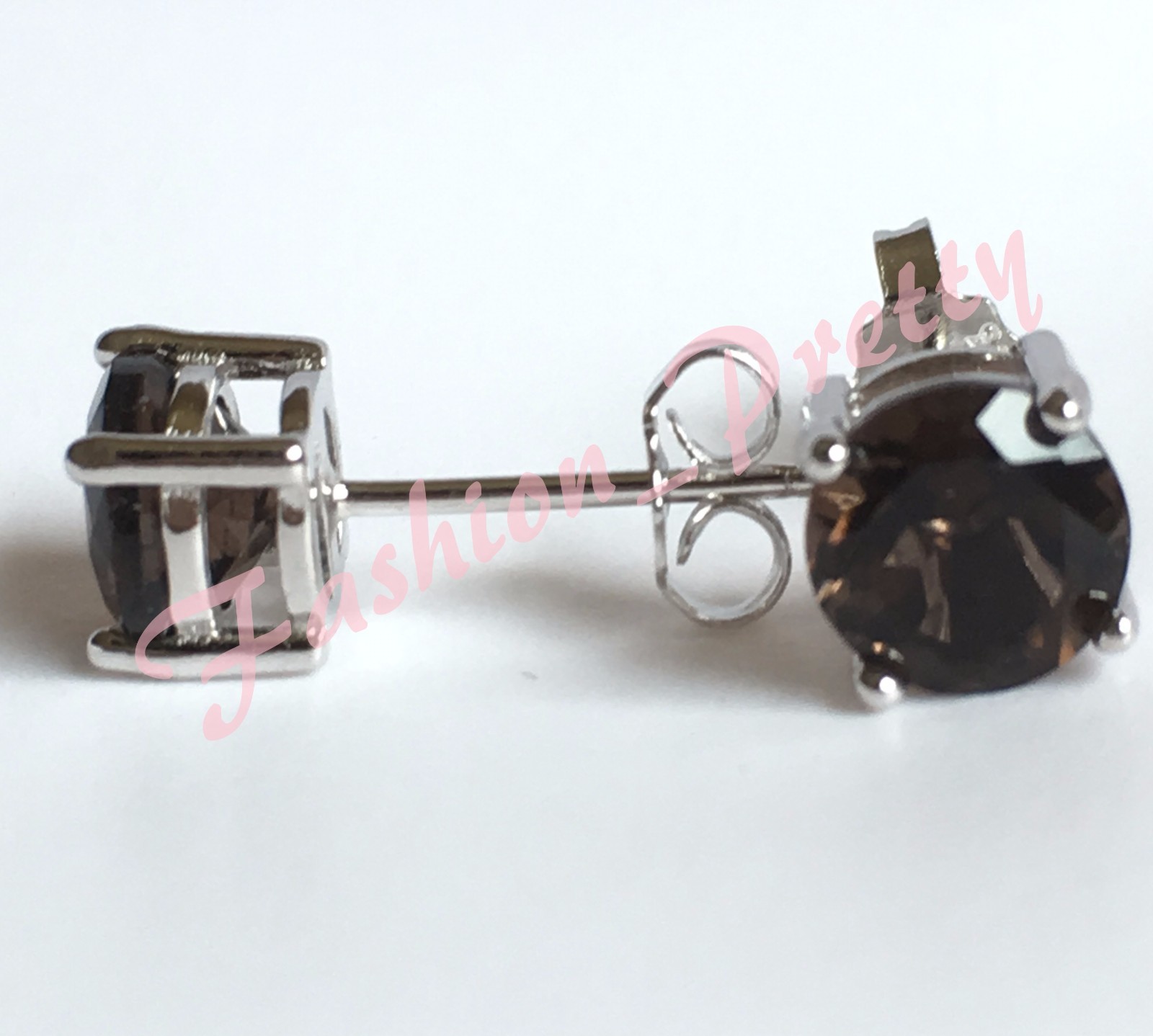 Pretty 2ct-Smoky Quartz -Round-Gemstone-Stud Earrings-In-925-Sterling-Sliver-FS