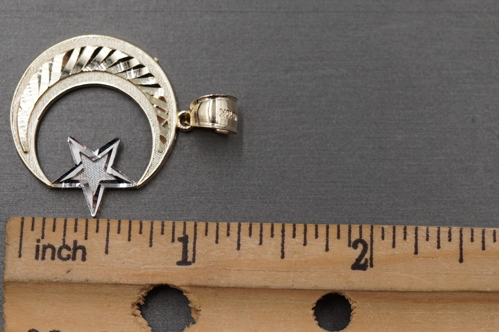 10K Solid Yellow Gold 1.35″ Diamond Cut Two Tone Star and Moon Charm Pendant.
